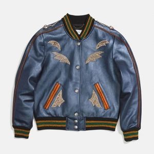NWT Coach Shrunken Leather Varsity Jacket In Metallic Cadet Blue
